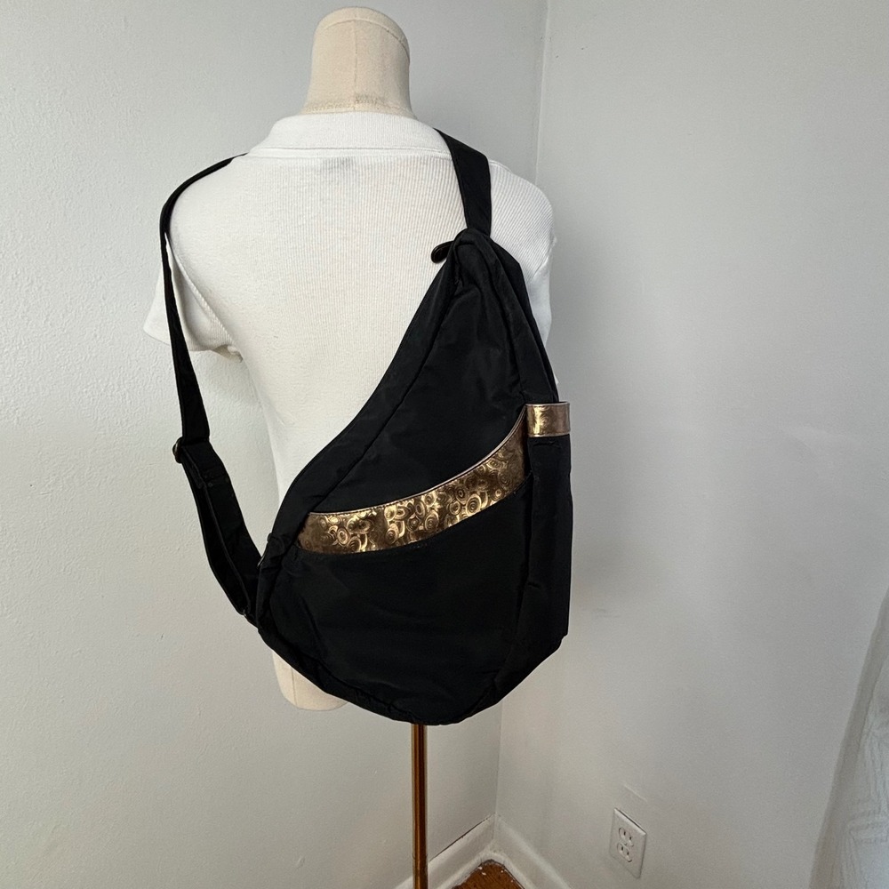 Vtg AmeriBag Healthy Back Bag Black Nylon Sling Backpack Metallic Gold Trim